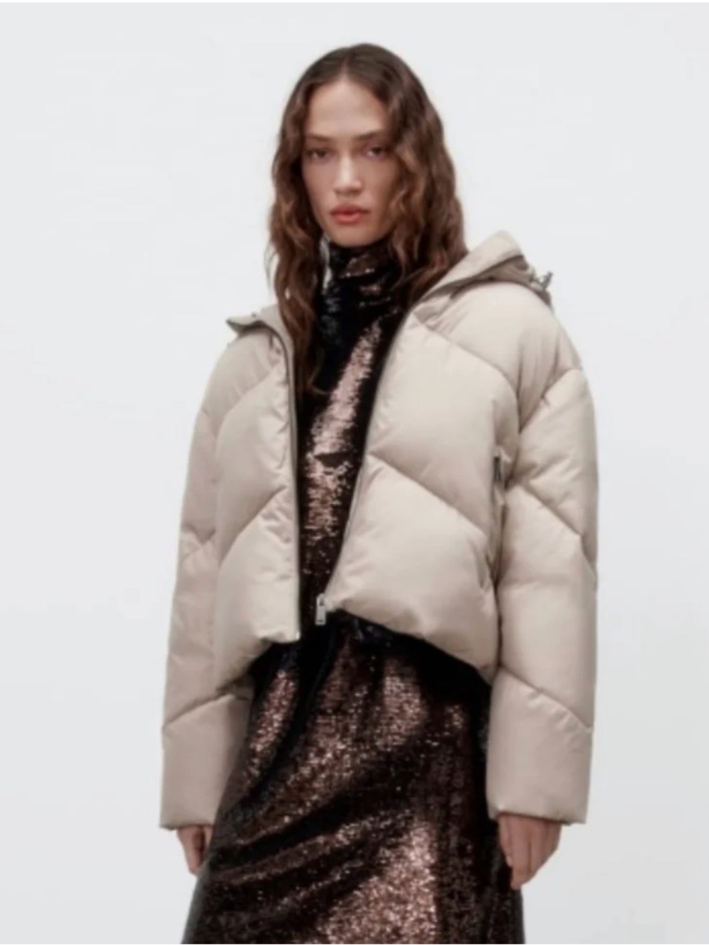 Zara Taupe Hooded Puffer Bomber Jacket